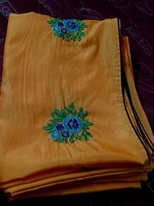Orange Silk Saree with Blue Embroidery