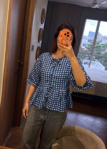Blue Gingham Peplum Top