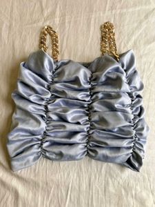 Satin Ruched Crop Top with Chain Straps