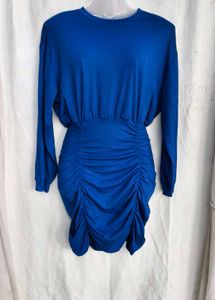 1239. Blue Ruched Long Sleeve Dress