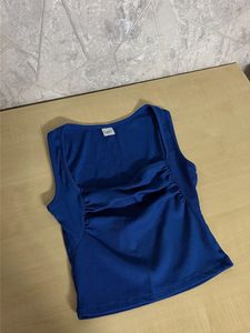 Blue Ruched Square Neck Tank Top
