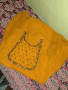 Yellow Kurta with Embellished Neckline