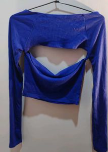 Blue Cut-Out Long Sleeve Crop Top