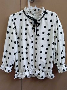 Polka Dot Ruffled Neck Blouse