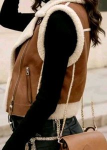 Brown fleece lined lapel collor pu jacket