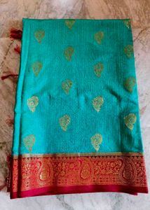 Vibrant Blue Silk Saree with Floral Border red col