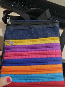 Denim Pouch with Colorful Zippers