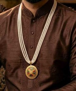 Men's Faux Pearl Necklace with Gold Plated Pendant