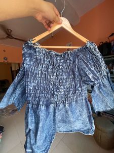 Off-Shoulder Smocked Blue Top