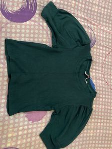 Green Ribbed Puff Sleeve Top