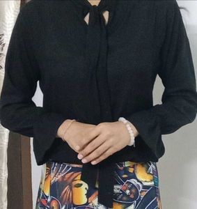 Elegant Black Tie-Neck Blouse