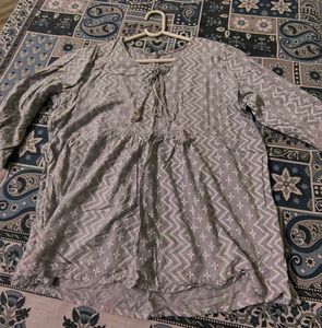 Grey Printed Kurta with Tassels