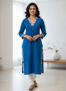 Blue Embroidered Corduroy Kurta