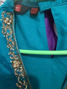 Teal Kurta with pant Embellished Neckline