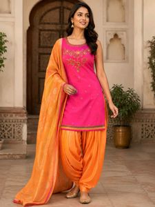 Pink & Orange Embroidered Patiala Salwar Suit