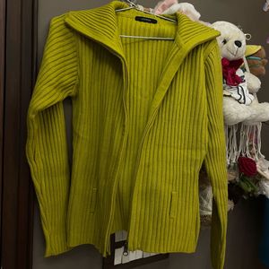 Lime Green Ribbed Zip-Up Cardigan