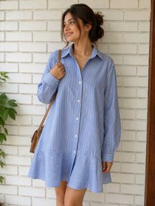 Blue Striped Shirt Dress with Ruffle Hem