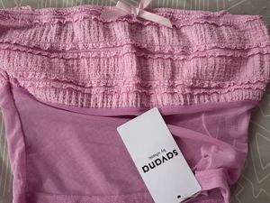 Pink Strapless Smocked Mesh Top