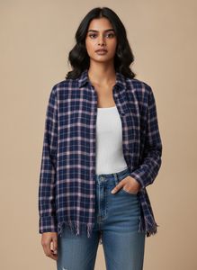 Blue Plaid Frayed Long Sleeve Shirt