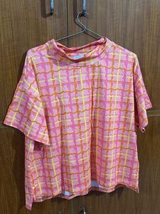 Pink & Orange Checkered Mock Neck Top