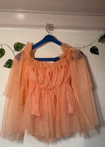 Peach Off-Shoulder Ruffled Tulle Top