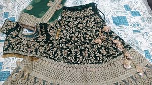 Bottle Green Bridal Embroiderd Velvet Lehenga