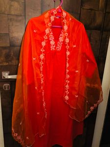 Bright Orange Embroidered Three Piece Suit Set