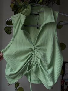 Green Ruched Collared Top