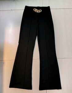 High rise Black Flare Pants with Gold Chain Detail