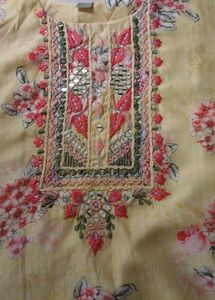 Yellow Floral Print Kurta with Mirror Work
