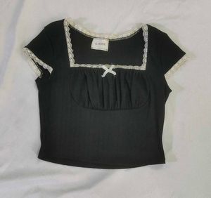 Black Lace Trim Square Neck Top