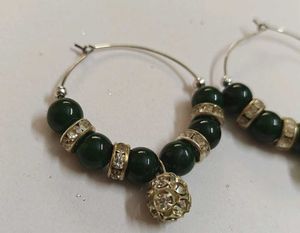Bottle Green Beaded Hoop Earrings with Charm