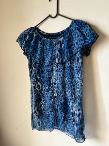 Blue Leopard Print Ruffle Top