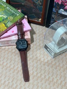 Stylish Digital Watch with Brown Leather Strap