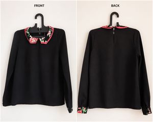 Chic Black Floral Collar Long Sleeve Top