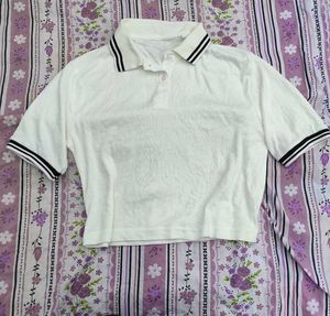White Cropped Polo Shirt with Stripes