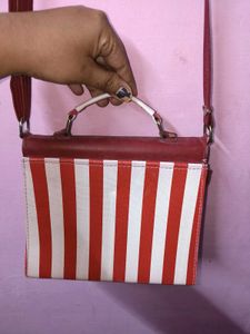 Red &amp; White Striped box sling Bag