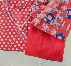 Red & White Printed Kurta Set, all size