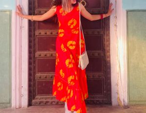 Vibrant Red Ethnic Gown with Yellow Motif