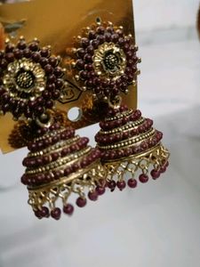 Maroon &amp; Gold Jhumka Earrings