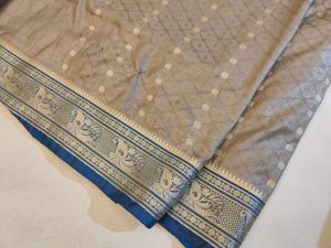Elegant Grey Silk Saree with Blue Border