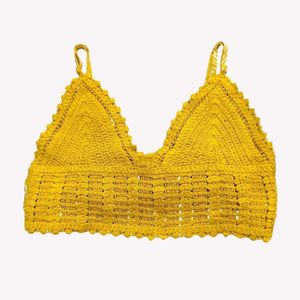Yellow Crochet Crop Top with Tie Back