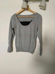 Grey Ribbed Knit Top with Lace Detail