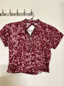 Maroon Abstract Print Zip-Up Top