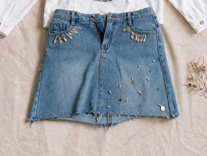 Boho Denim Mini Skirt with Embellishments