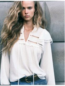 H&M Chic White Textured Top with Tie Detail