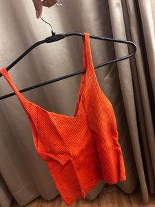 Orange Ribbed V-Neck Tank Top