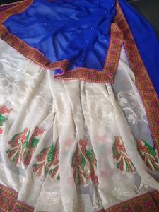 Elegant White & Blue Saree with Embellishments