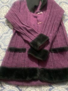 Purple Knit Cardigan with Faux Fur Collar