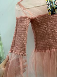Miss More Sheer Mesh Smocked Top